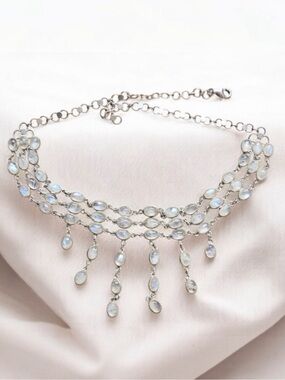 Vintage Sterling Silver Rainbow Moonstone Choker Necklace